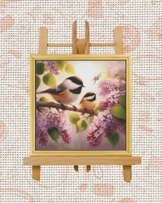 Chickadees and Lilacs Bird Cross-Stitch Kit – Beginner Friendly