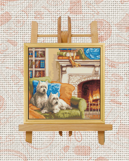 Dogs by the Fireplace Cross-Stitch Kit – Beginner Friendly