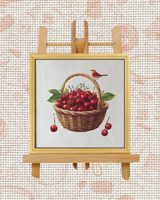 Basket of Cherries Cross-Stitch Kit – Beginner Friendly